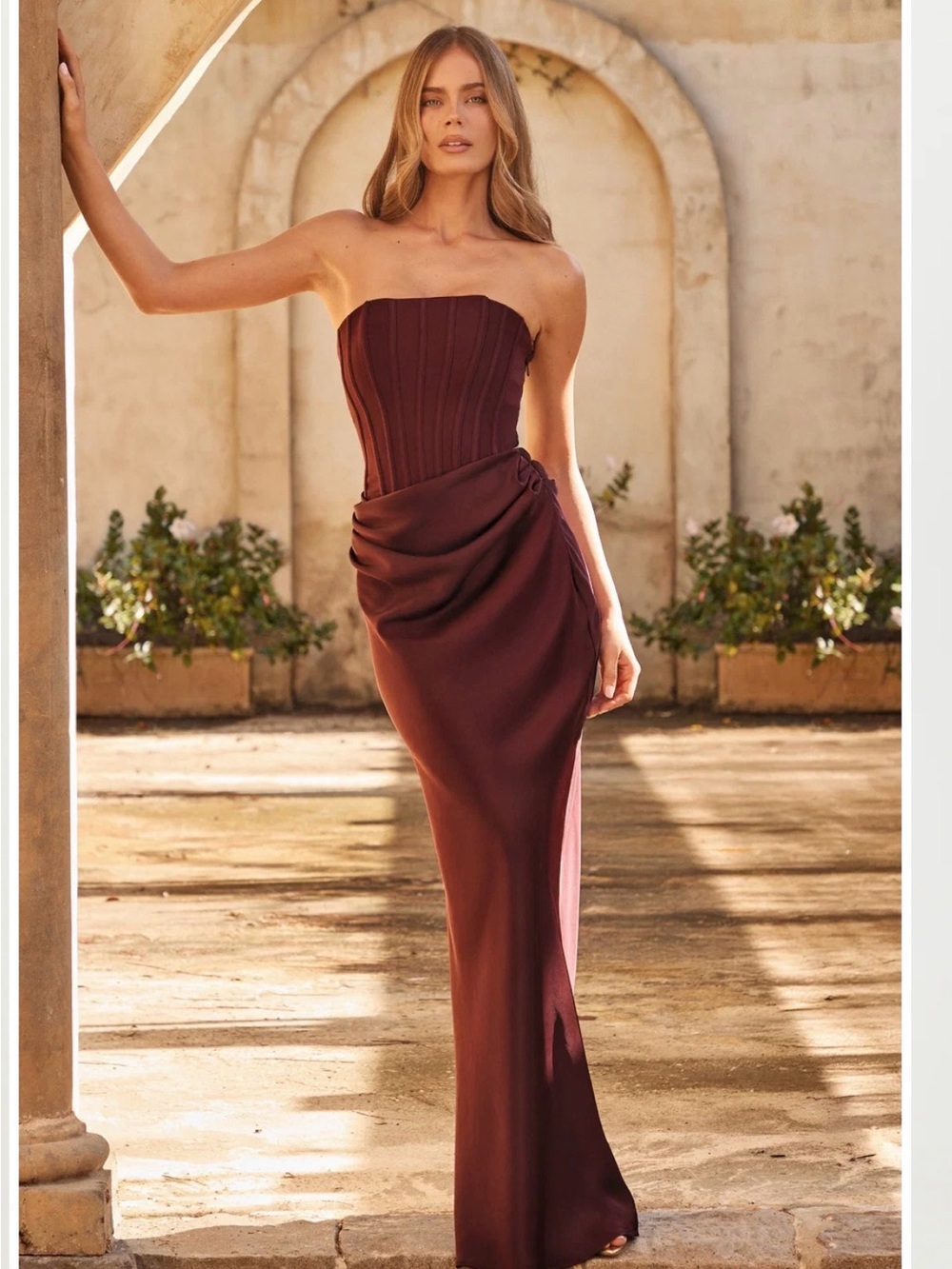 Showpo Strapless Draped Gown in Wine